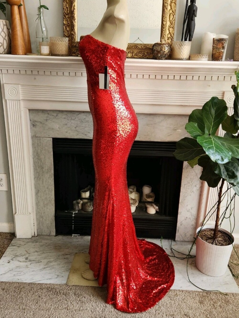 Lulus Red Sequin Mermaid Maxi Prom Dress Size M Strapless Stretch Glamoratti - Picture 4 of 9